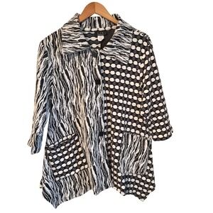 Womens VTG LTX Black White Asymmetrical Tunic Jacket Buttons Pockets Large